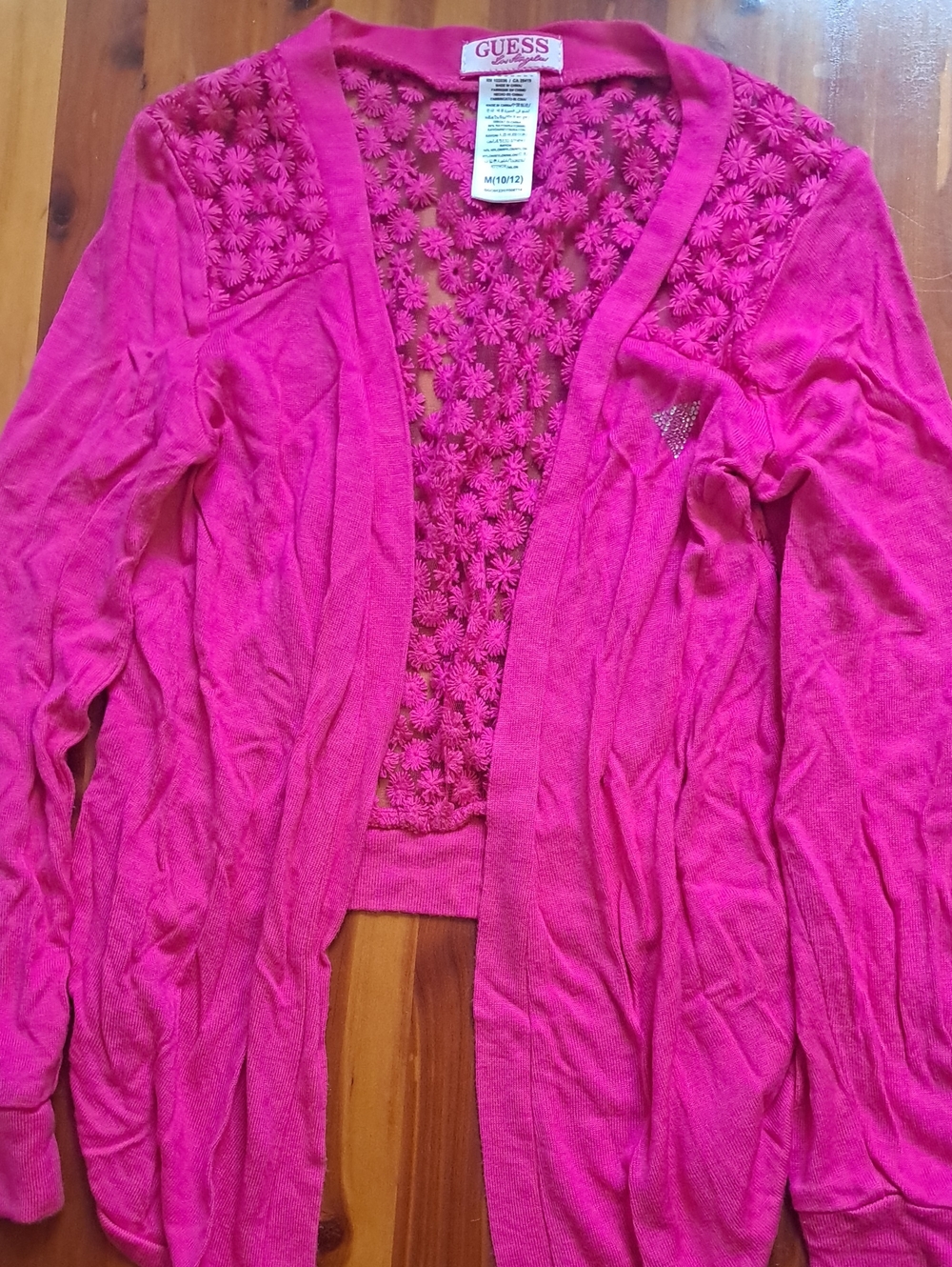 GUESS Hot Pink Open-Front Crochet-Back Cardigan